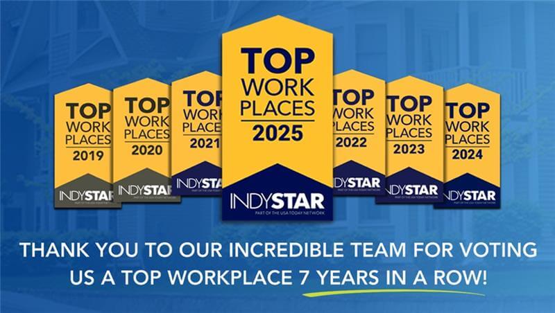 IndyStar Top Workplaces award badges for 2019 to 2025 with text thanking the team for voting the company a Top Workplace seven years in a row.