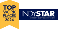 2025 Top Workplaces award by IndyStar with gold ribbon design.